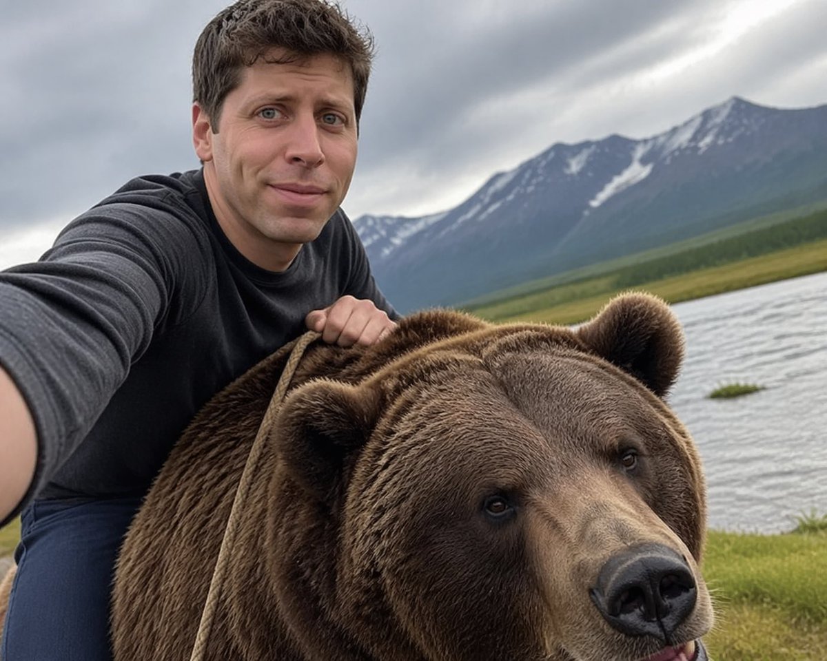 generate image: Selfie of Sam Altman riding a bear...